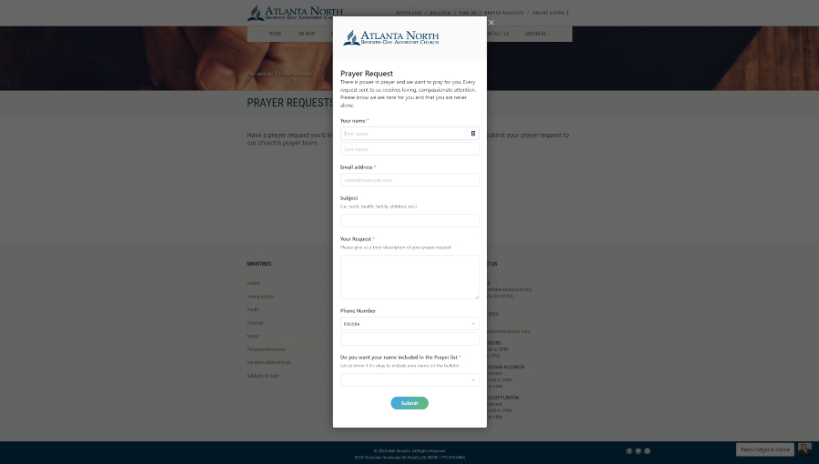 church prayer request pop up